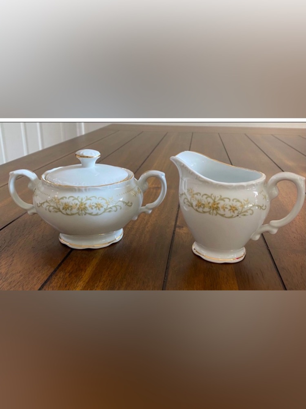 White Porcelain Sugar Bowl and Creamer Set with Gold Scroll Accent